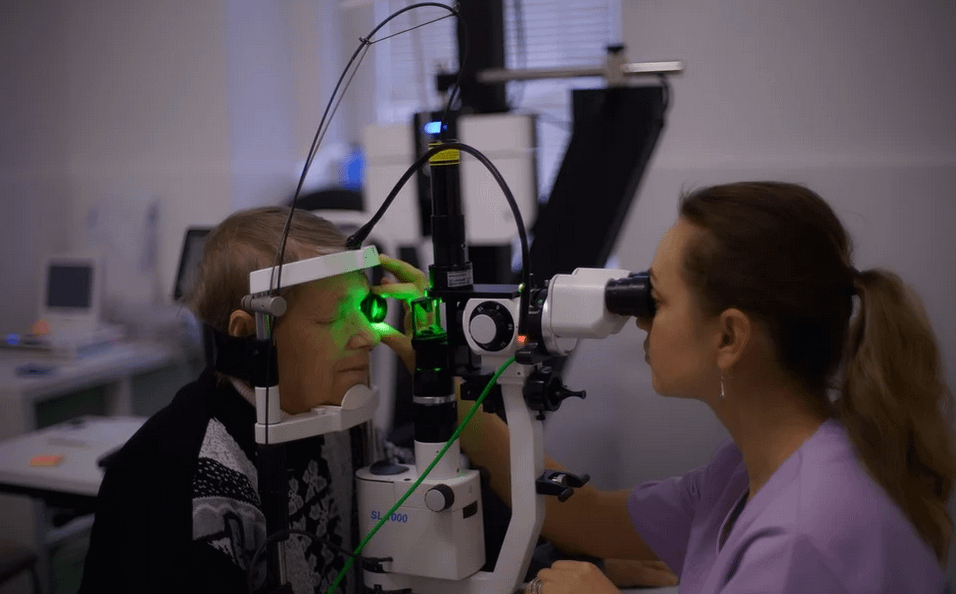 an eye specialist examining an eye